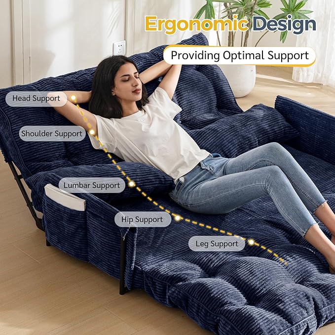 MAXYOYO Adjustable Floor Sofa Couch with 2 Pillows Multi-Functional Bean Bag Bed 5-Position Foldable Lazy Sofa Sleeper Bed with Armrest Versatile Floor Seating for Reading Navy Double