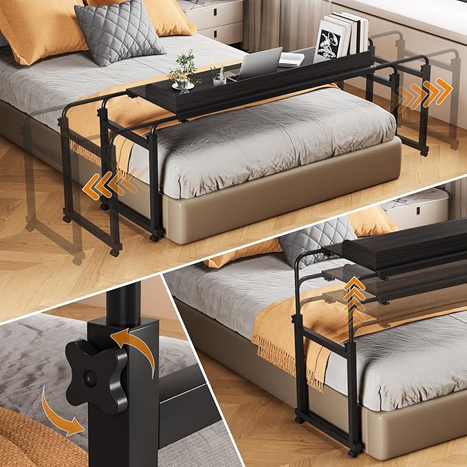 Adjustable Height Overbed Table Rolling Overbed Bedside Desk with Raised Baffle and Spacious Desktop Over BedTable with Wheels for Home Office Bedroom Hospital Use (Matte Black)