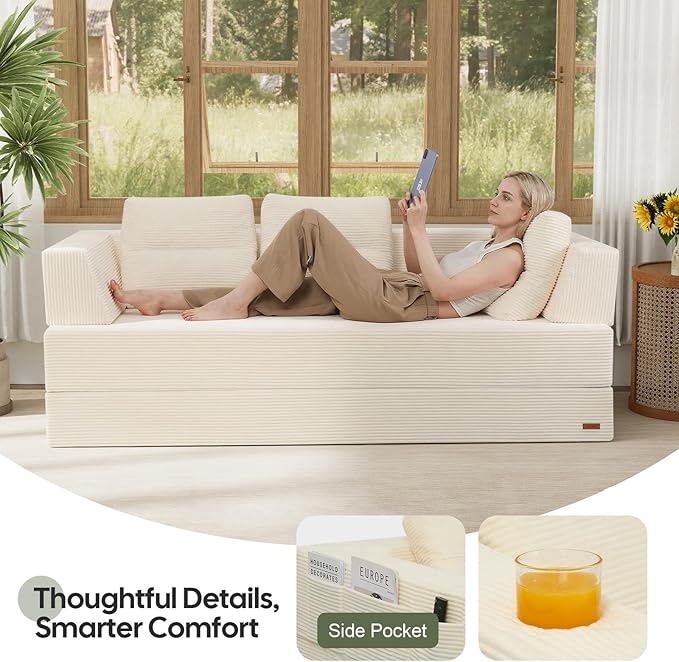 COMAX Futon Sofa Bed Queen 79 Convertible Sofa Bed Couches for Living Room 4 in 1 Folding Boneless Sleeper Corduroy Couch Loveseat Foam In a Box Comfy Foldable Lounge Fold Out Floor Mattress Beige