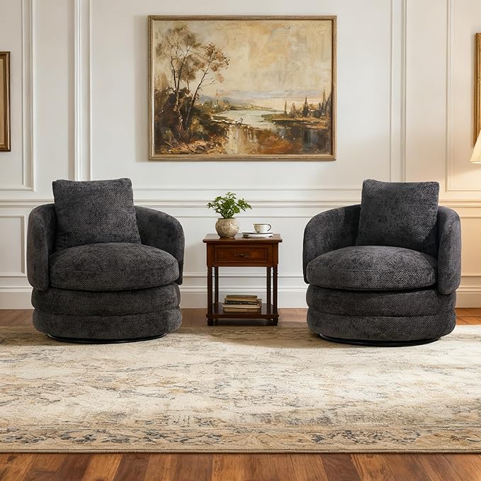 Aoiy &amp Wifon 30 W Swivel Barrel Chair 360 Degree Upholstered Swivel Accent Chair Comfy Modern Living Room Armchair for Living Room Bedroom Reading Room Apartment Chenille Dark Gray