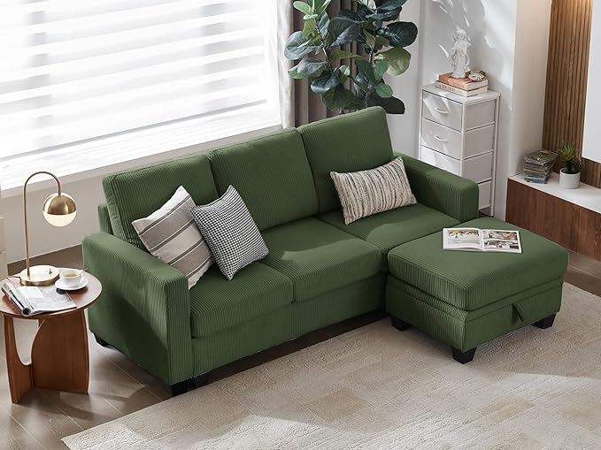 CHIC HOUSE Corduroy Modular Sectional Couch with Ottoman Chaise L/U Shaped Sleeper Sofa for Living Room Apartment Lounge Modern Armrest Neck Support Furniture (4 Seater Sectional Green)