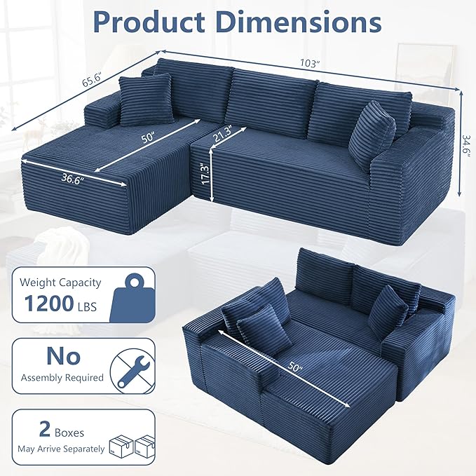 KIVENJAJA 103” Corduroy Boneless Couch L-Shaped Sectional Sofa with Left Facing Chaise Cloud Compression Couches for Living Room Apartment Home Office No Assembly Required Navy Blue
