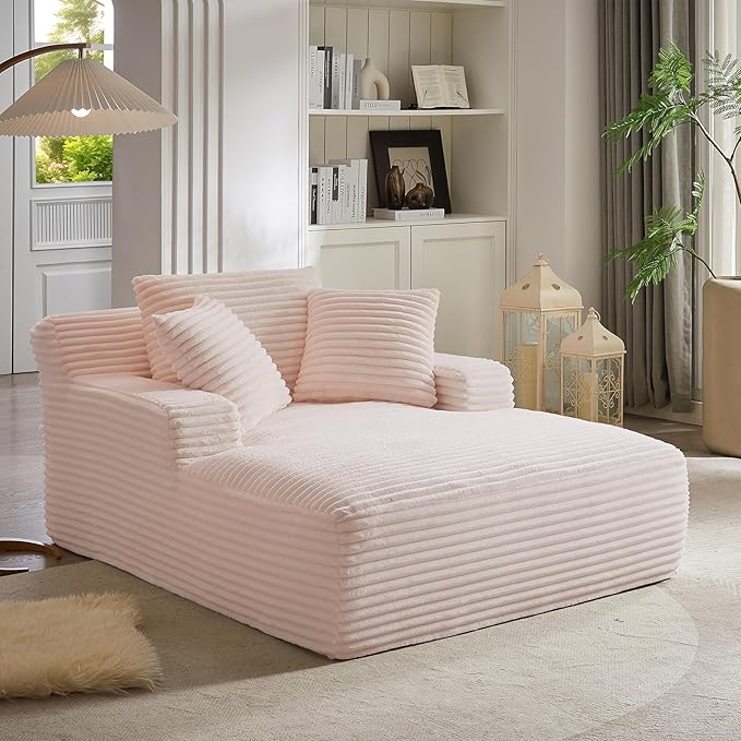 Oversized Chaise Lounge Chair Indoor Bedroom Comfy Corduroy Upholstered Sofa Bed Chair Deep Seat Single Sofa Couch No Assembly Required Sleeper Chair Sofa for Living Room (Light Pink)