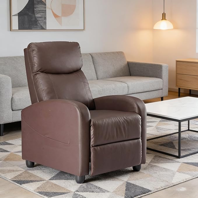 Simple Deluxe Massage Recliner Chair - Adjustable PU Leather Recliner Luxe Reading Chair &amp Sofa Chair for Living Room Chairs or Bedroom Chair Small Recliner for Home Theater Brown
