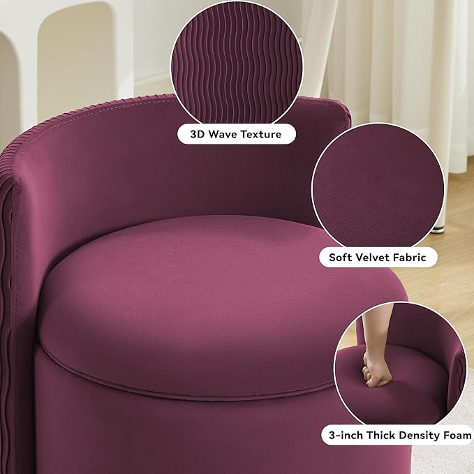 360° Swivel Velvet Vanity Chair with Storage Barrel Makeup Chair with Wave Back No Assembly Vanity Stool Small Accent Chair for Living Room Burgundy