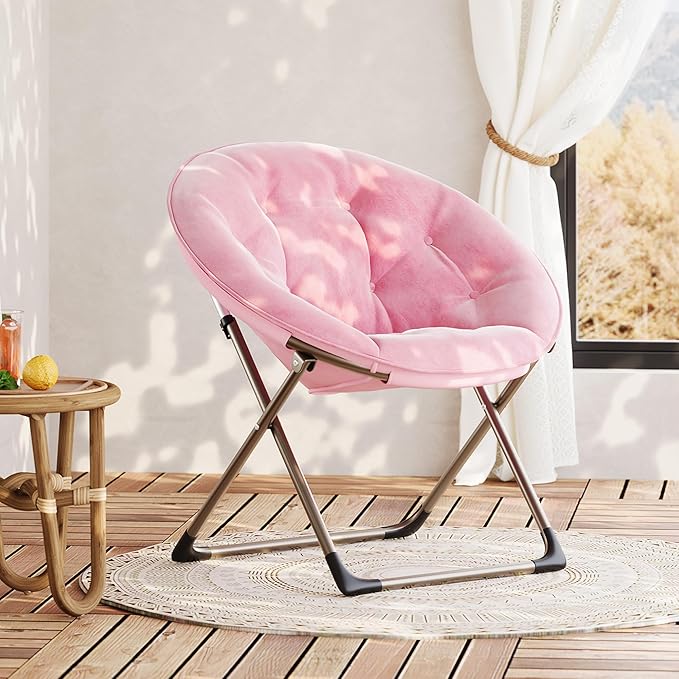 GarveeHome Comfy Oversized Saucer Chair – Soft Plush Fabric Reading Lounger for Adults Stable X-Large Metal Frame Foldable Accent Lazy Chair for Bedroom Living Room Dorm Office Pink