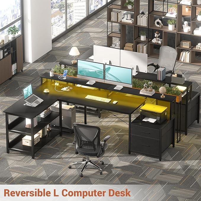 Aheaplus L Shaped Desk with File Drawer 72.8 Reversible L Shaped Computer Desk with Power Outlet &amp LED Strip Gaming Desks with Long Monitor Stand Corner Office Desks with Storage Shelf Black