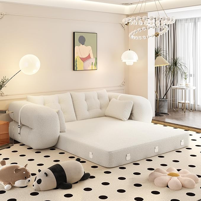 Polibi 78.7 Foldable Sleeper Sofa Bed - 3-in-1 Lazy Sofa Couch Human Dog Bed with Teddy Fabric &amp Foam Filling for Living Room Guest Bed Playroom No Assembly Required (Beige)