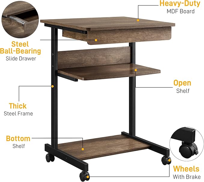 Topeakmart Rolling Computer Desk for Small Spaces Laptop Computer Desk with Wheels Mobile Standing Desk Compact Student Bedside Table Taupe Wood