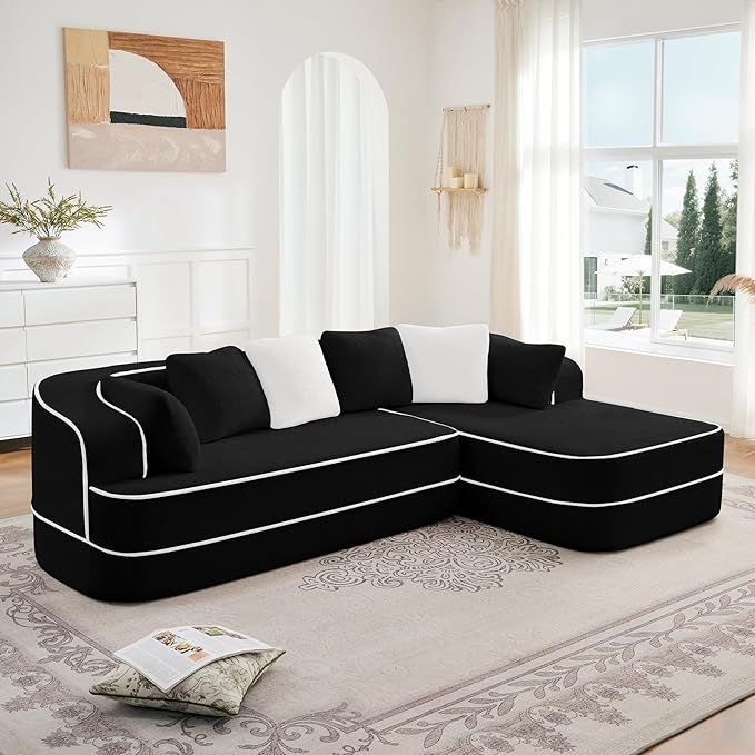 Ball &amp Cast 106 Cloud Sectional Couch with L-Shape ChaiseTeddy Fabric Boneless Modular Sofa with Deep Seat32D High Density SpongeUpholstered Couch for Living RoomNo Assembly RequiredBlack(Ri
