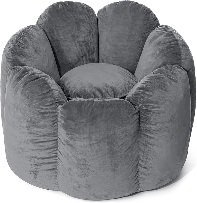 HOMMPA Bean Bag Chair for Adults Comfy Velvet Bean Bag Couch with Back Support Flower Shaped Oversized Sofa for Living RoomBedroomDormGrey