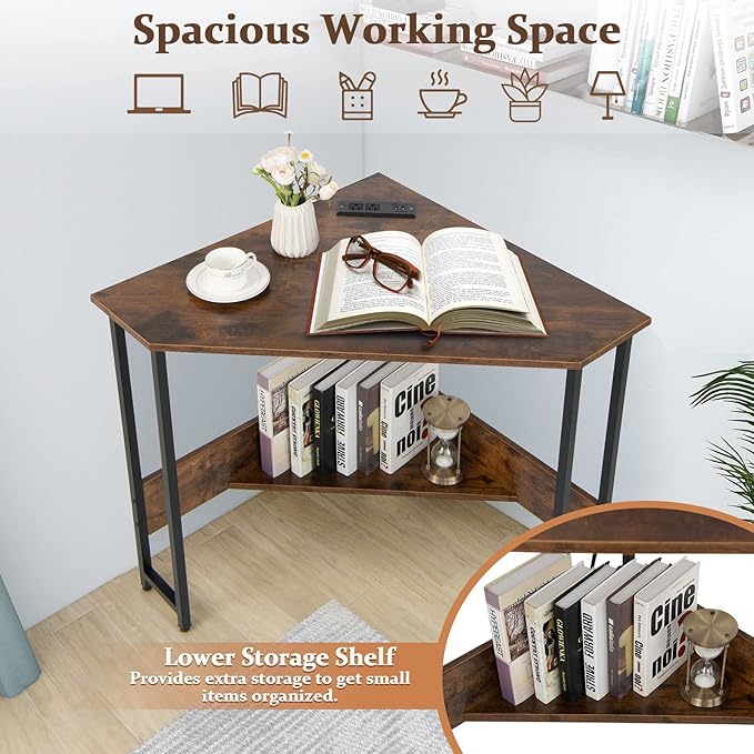 Corner Desk Triangle Computer Desk with USB Ports &amp Power Outlets Small Desk for Small Spaces Compact Makeup Vanity Desk with Storage Shelf Triangle Workstation for Home Office Bedroom