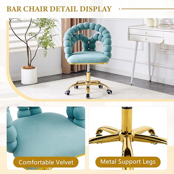 Home Chair Swivel Velvet Desk Chair Teal Upholstered Accent Chairs with Gold Base for Girls Women Study Seat Unique Boho Computer Stools Vanity Stools for Living Room(GoldTeal)