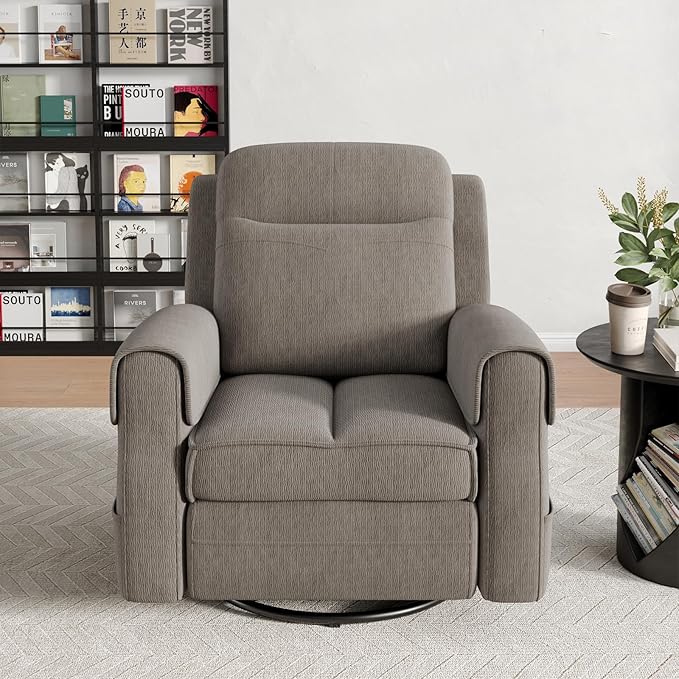 Maupvit Faux Shearling Recliner Chair - 360° Swivel Rocker with Adjustable Footrest and Backrest Plush Upholstered Single Sofa for Small Spaces for Living Room/Nursery/Home Theater (Grey)