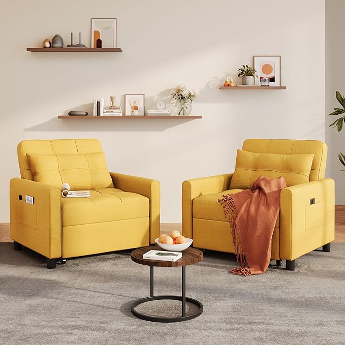 Ahomly Convertible Sleeper Chair Sofa Bed with 3-in-1 Design Adjustable Backrest and Storage Pocket for Living Room Yellow