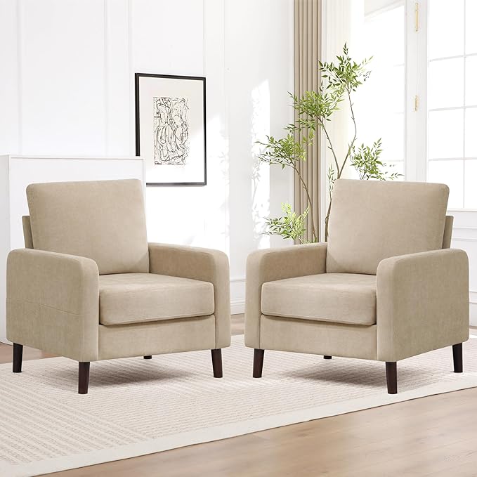 Accent Chair for Living Room Modern Reading Chair for Bedroom Upholstered Armchair with Wood Legs and Side Pockets Single Sofa Side Chair for Office Small Room Apartment Light Brown
