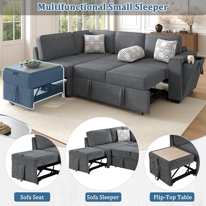 83.9 Convertible Sectional Sofa Bed Chenille L-Shaped Sofa with Dual Pull-Out Sleepers Flip-Top Table USB Ports Cup Holder &amp Storage for Living Room Office Apartment (Dark Gray-7.22)