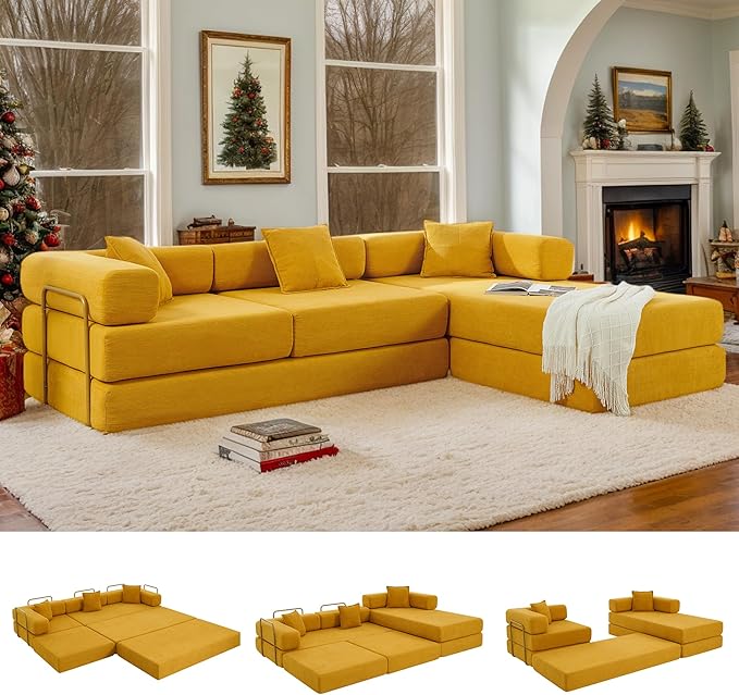 108 W Corduroy Modular Cloud Couch with Fixed-Shape Frame Oversized L-Shaped Sectional Sleeper Sofa Bed with Pull Out Bed No Assembly Modern Floor Boneless Couch for Living Room (Yellow)