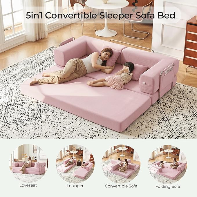 79 Convertible Sofa Bed with Pillows Corduroy Folding Sleeper Sofa with Fixed-Shape Frame Boneless Couch for Living Room Bedroom Floor Sofa Lounge No Assembly Required (A - Style - Pink)