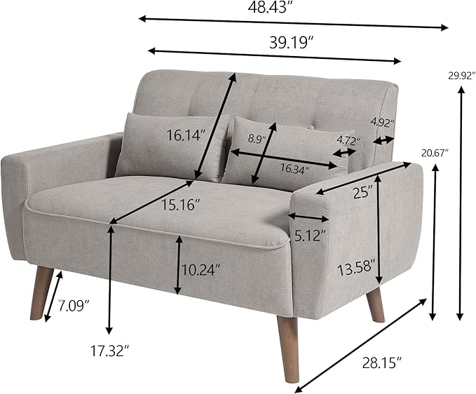 49 Small Loveseat Sofa 2 Seat Light Grey Loveseat Couches Love Seat Sofa Couch with Throw Pillow for Small Spaces Living Room Apartment Dorm Room