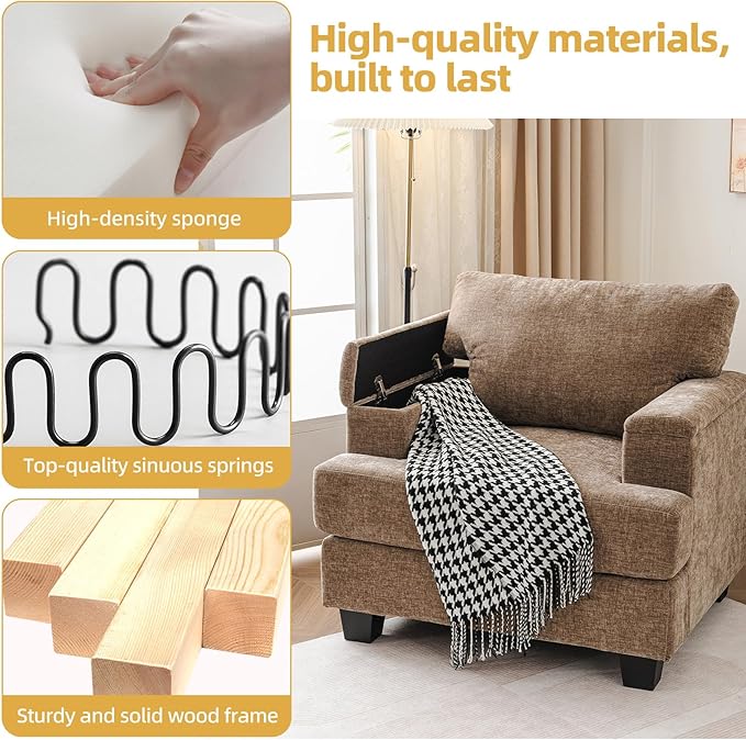 Oversized Accent Chair with Armrest OrganizerLiving Room Chairs with 7.8'' CushionUpholstered Modern ArmchairBig Reading ChairComfy Sofa Chair for BedroomBrown