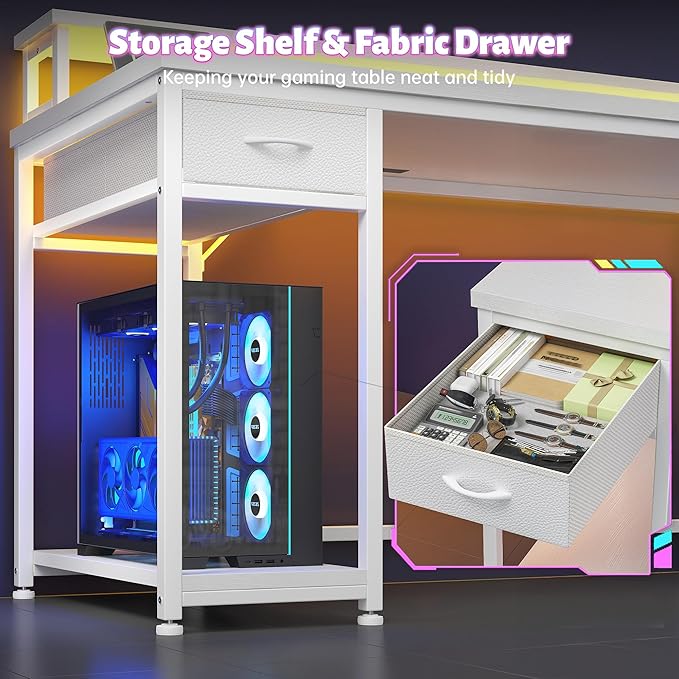 EnHomee 53 L Shaped Gaming Desk with Monitor with Hutch &amp Monitor Stand Office Desk with Drawers &ampHooks Computer Desk with LED Light &ampPower OutletHome Office Writing Desk White