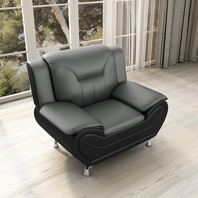 Container Furniture Modern Style Living Room Chair with Top Grade Faux Leather Upholstery and Extra Comfortable Pillow Top Armrests 47.3’’ Wide Grey &amp Black