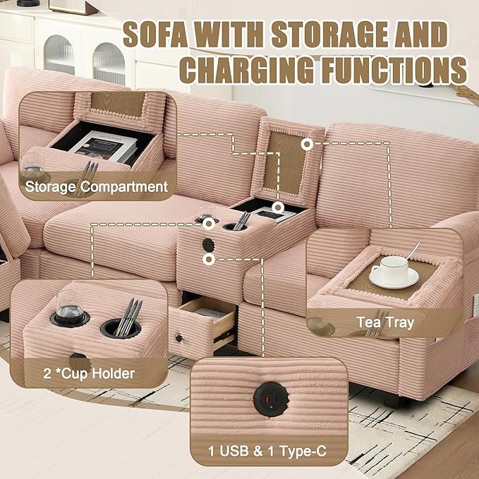 KEIKI 105 L-Shaped Oversized Corduroy Modular Sectional Sofa with 1 Ottoman and Multi Functional Console 4-Seater Upholstered Couch with USB and 2 Cup Holder Easy Assembly for Living Room Pink