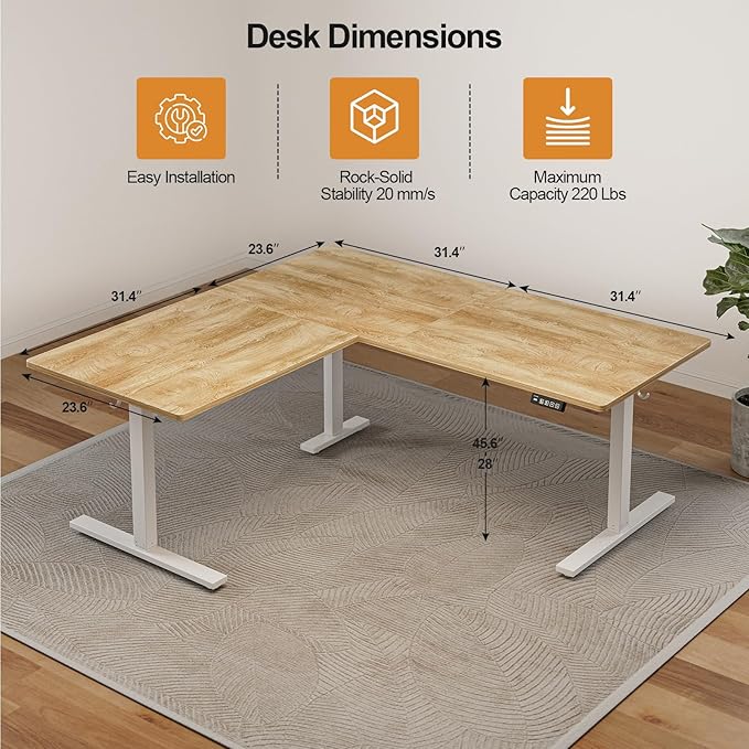 Grandder 63 x 55 Inch L Shaped Standing Desk Electric Height Adjustable Corner Stand Up Desk Sit Stand Corner Table Home Office Table Oak Top White Frame