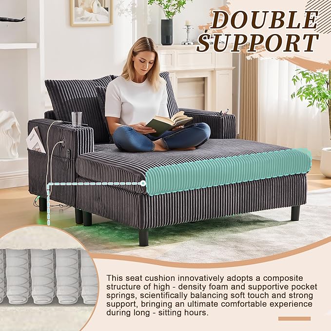 SLEERWAY Modern Corduroy Chaise Lounge Sofa Indoor - 55.9 Comfy Oversized Couch Bed with USB Ports Cup Holder Side Pocket Lights 3 Throw Pillows Lazy Recliner Chairs Living Room (Dark Gray)