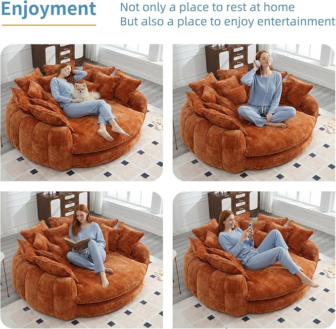 81 Oversized Round Sofa Bed Large Chenille Bean Bag Chair No Assembly Required Cloud Couch Fluffy Plush Chaise Lounge Chair Indoor Modern Sleeper Sofa with Deep Seat for Living Room (Orange)