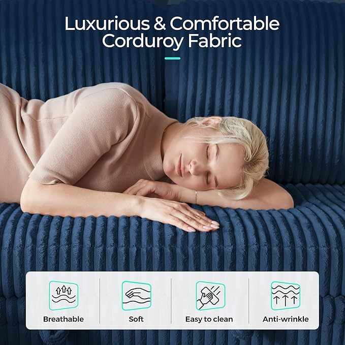 LINSY HOME Sectional Sleeper Sofa with Pull Out Couch Bed for Living Room (Blue) | Plush Corduroy Storage Ottoman Storage Chaise Pull Out Couch USB Charging