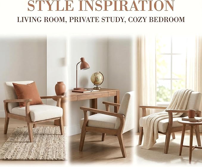 VESCASA 23.2 W Accent Chair with Arms Comfy Farmhouse Side Chair with Upholstered Seat Mid Century Modern Reading Chair with White Wash Wood Legs for Living Room/Bedroom White Linen