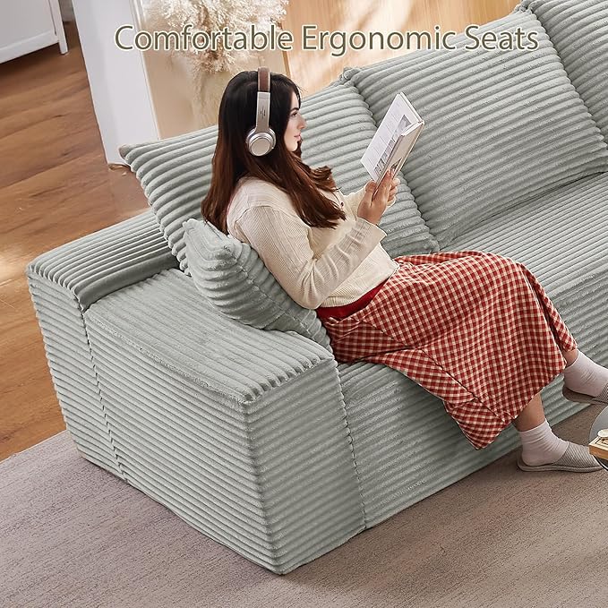 140 L Shaped Cloud Sectional Couch for Living Room Modular Floor Deep-Seat Sofa Big Comfy Corduroy Couches Set with Fluffy Memory Foam for Living Room Bedroom No Assembly Required Grey