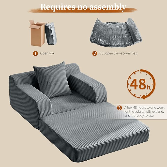 wanan 40 W Folding Sofa Bed 2-in-1 Convertible Bed Sofa to Boneless Sleeper Chair for Adult Comfy Armchair with Back Support Armrests and Pillow for Living Room Bedroom Single Dark Gray | Easy-