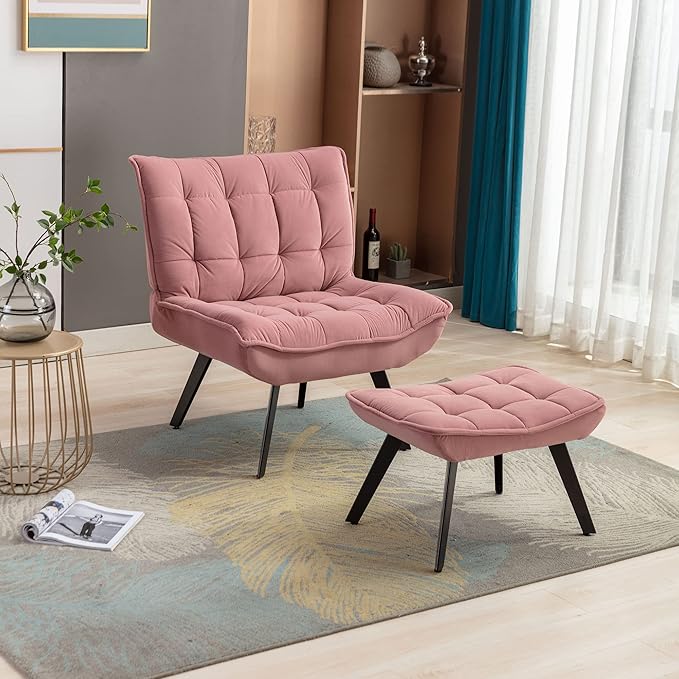 Modern Soft Velvet Fabric Material Large Width Accent Chair Leisure Chair Armchair TV Chair Bedroom Chair with Ottoman Black Legs for Indoor Home and Living RoomPink