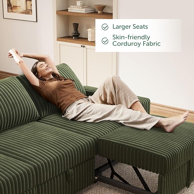 HONBAY 121.3 Inch Modular Sectional Sofa L &amp U Shaped Pull Out Couch with Adjustable Backrest &amp Storage Velvet Green