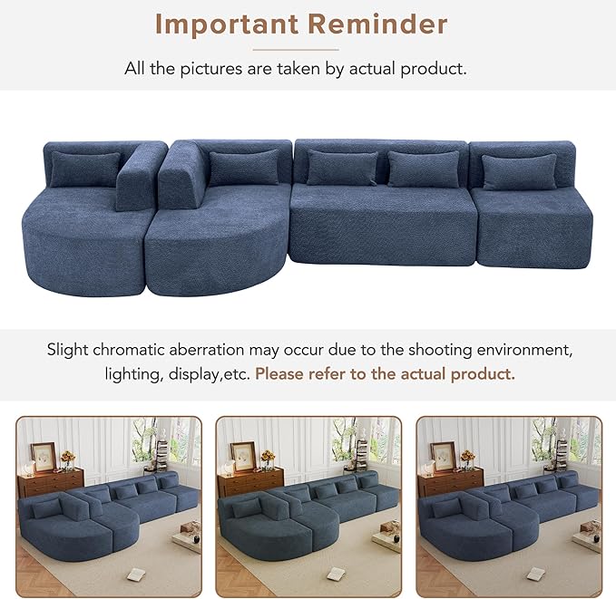 Modern 143.7 Upholstered Sectional SofaFree-Combined Sofa Couch with Two Chaise Lounge and Five Back Pillowsfor Living Room Bedroom (Blue#4)