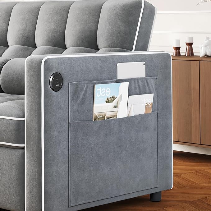 Amada 3 in 1 Convertible Sleeper Sofa Bed Futon Couches for Living Room with USB Ports &amp Side Pockets Adjustable Backrest Velvet Fabric Pull Out Couch Loveseat Sectional Sofa Bed(Grey)