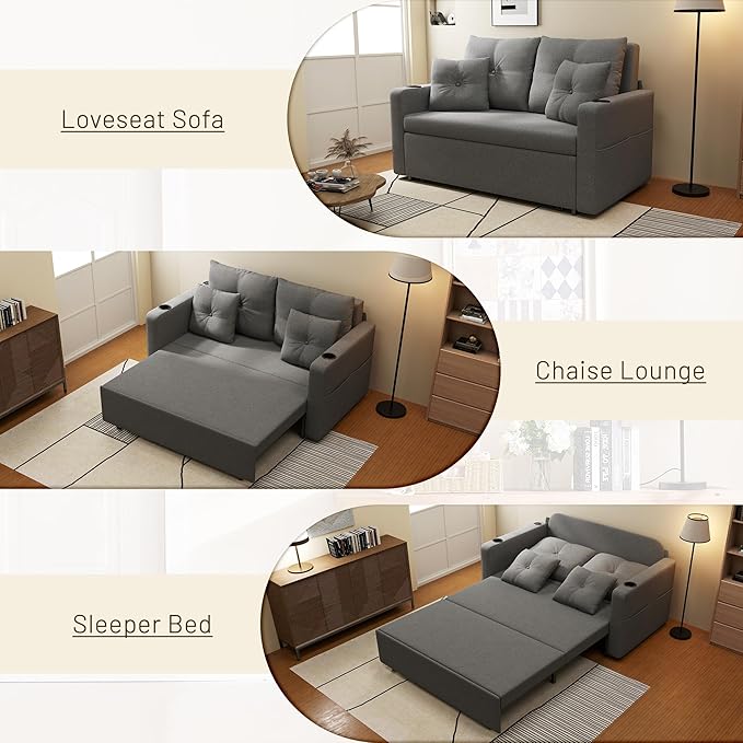 3 in 1 Sofa Bed 56 Inch Convertible Pull Out Couch Loveseat Sleeper Sofa with Cup Holders USB Sofa Couches for Living Room Bedroom Apartment Light Grey