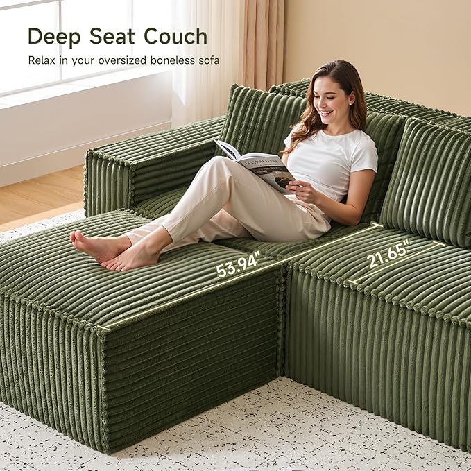ONBRILL 112.6 Modular Sectional Sofa Comfy Corduroy Boneless Couch with Ottoman Memory Foam Modern Minimalist Cloud L Shaped Couch for Living Room No Assembly Required Green