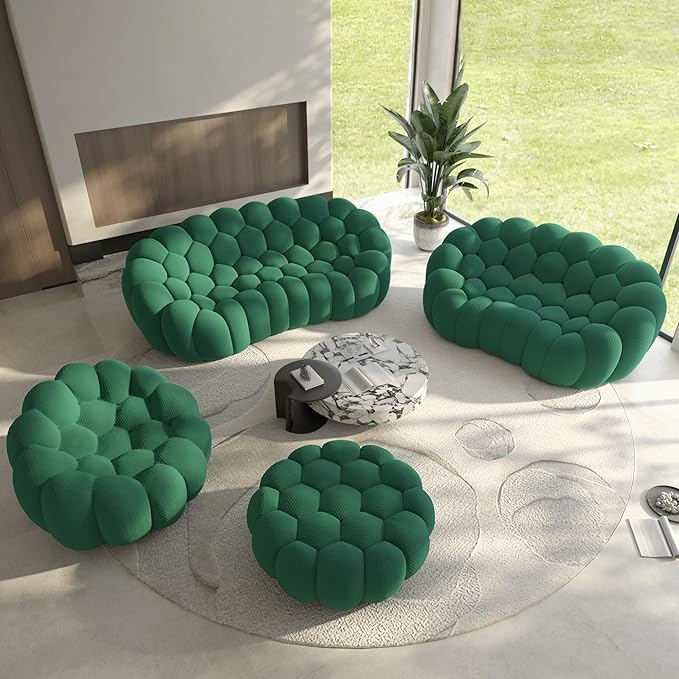Bubble Couch for Living Room Bubble Sofa Curved Couch Set Comfy Upholstered Floor Sofa Mesh Fabric 3D Honeycomb Shape Modern Couches for Living Room Apartment (Green 98+78+49+41)
