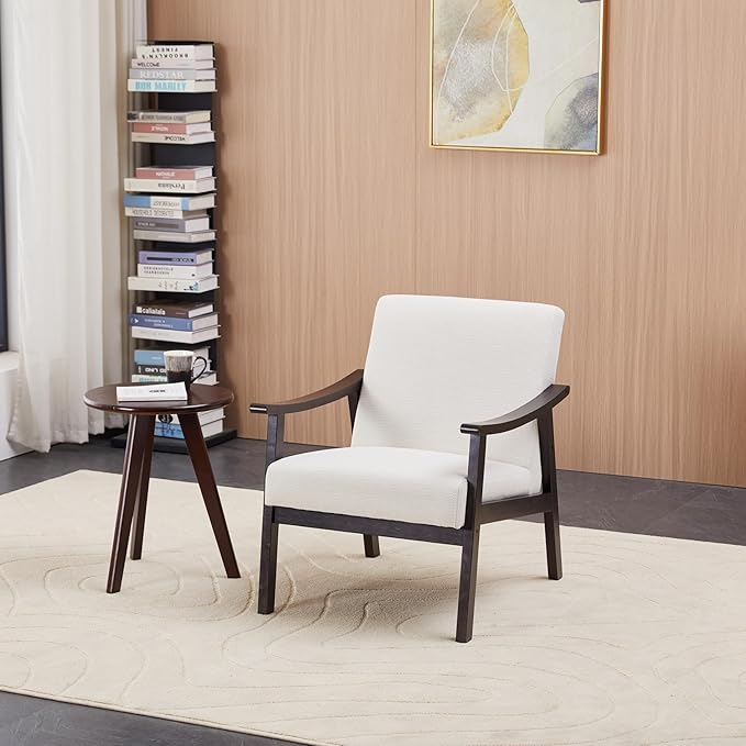 Mid Century Modern Accent Chair with Solid Wood Legs Comfy Leisure Reading Chairs for Living Room Lounge Seat Arm Chair for Office Bedroom (Antique White)