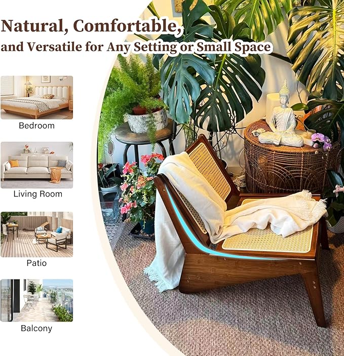 Rattan Chair 2Pcs Mid-Century Accent Chair Rattan Lounge Chair for Living Room Boho Side Corner Comfy Chair for Bedroom and Balcony Walnut