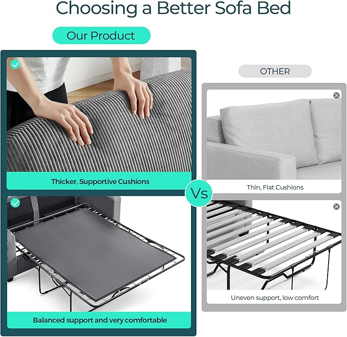 LINSY HOME Pull Out Sofa Bed - Convertible Loveseat Sleeper Sofa Upgraded Bed Frame Pullout Couch - USB Charging &amp Cup Holders Corduroy Sofa Bed for Living Room Small Space Queen Size (Grey)