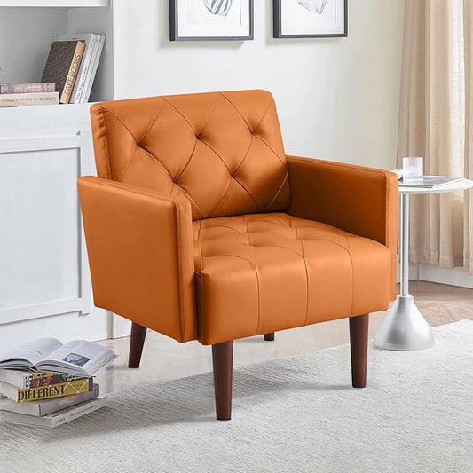 Leather Accent Chair Mid Century Modern PU Leather High Back Armchair for Living Room Chairs with Solid Wood Legs for Small Spaces Bedroom Office (Orange 29.1 x 25.6 x 31.1)