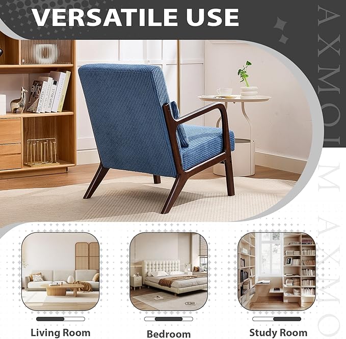 Mid-Century Modern Accent Chair Arm Chair Living Room Chairs with Pillow Upholstered Reading Chair with Solid Wood Frame &amp Corduroy Fabrics for Living Room Bedroom Balcony (Corduroy Sapphire Blu