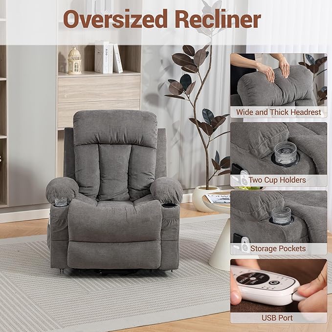 Power Lift Recliner Massage Chair - for Elderly People w/Vibration Massage and Lumbar Heat Recliner Chair Sofa for Adult w/Cup Holder USB Charge Port for Living Room Bedroom Grey