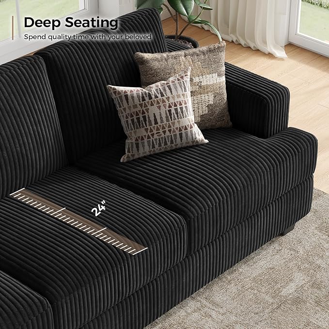 89 Inch Sofa with Extra Deep Seats Oversize 3 Seater Sofa for Living Room Modern Couch and Sofa Comfy Armrests and Seats and Backrests Easy InstallationWide Corduroy Fabric Black
