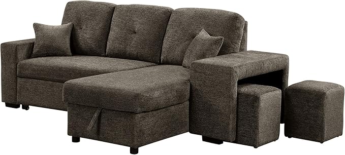 Flieks Reversible Sleeper Sectional Sofa Bed with Side Shelf and 2 StoolsPull-Out L-Shaped Sofa BedCorner Sofa-Bed with Storage Chaise Left/Right Hande for Living RoomKnox Charcoal